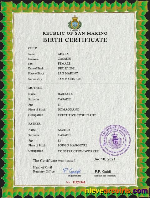 Realistic San Marino Birth Certificate PSD Template