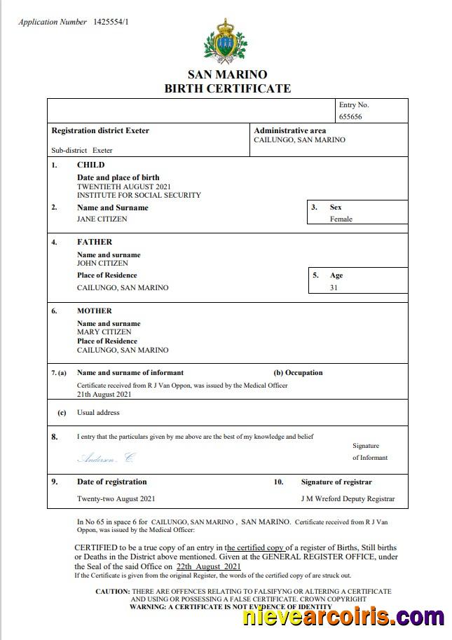 Realistic San Marino Birth Certificate Word And PDF Template