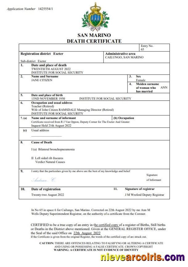 Editable San Marino Death Certificate Word And PDF Template