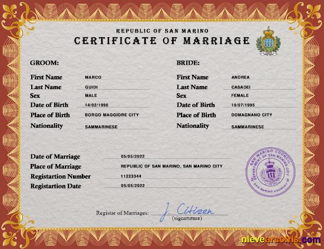 Professional San Marino Marriage Certificate PSD Template