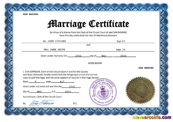 Professional San Marino Marriage Certificate Word And PDF Template