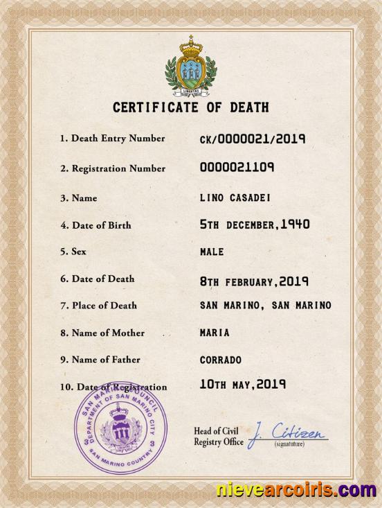 Premium San Marino Vital Record Death Certificate PSD Template