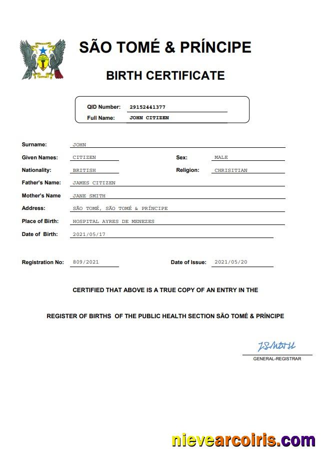 Editable Sao Tome & Principe Vital Record Birth Certificate Word And PDF Template