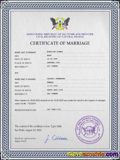 Professional Sao Tome And Principe Marriage Certificate PSD Template