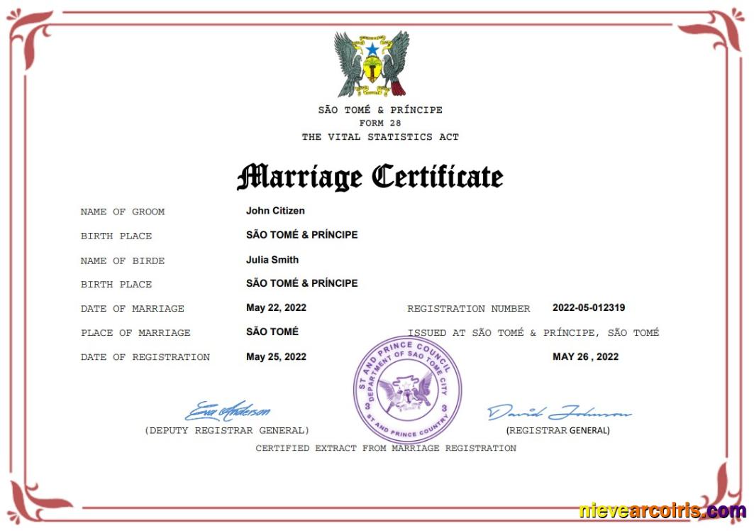 Premium Sao Tome And Principe Marriage Certificate Word And PDF Template