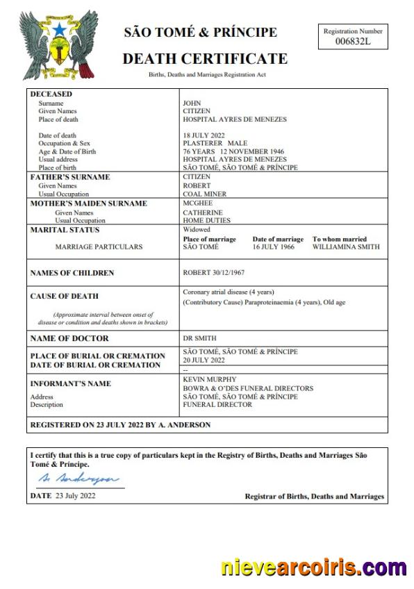 Editable Sao Tome And Principe Vital Record Death Certificate Word And PDF Template