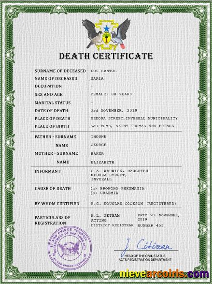 Premium Sao Tome Vital Record Death Certificate PSD Template
