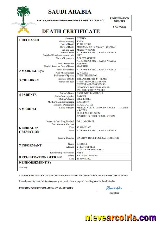 Professional Saudi Arabia Death Certificate Word And PDF Template