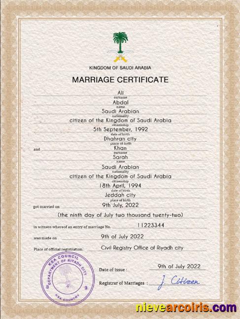 Realistic Saudi Arabia Marriage Certificate PSD Template