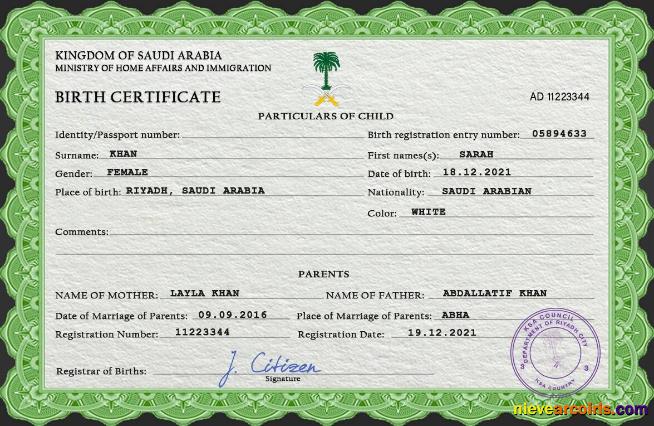Premium Saudi Arabia Vital Record Birth Certificate PSD Template