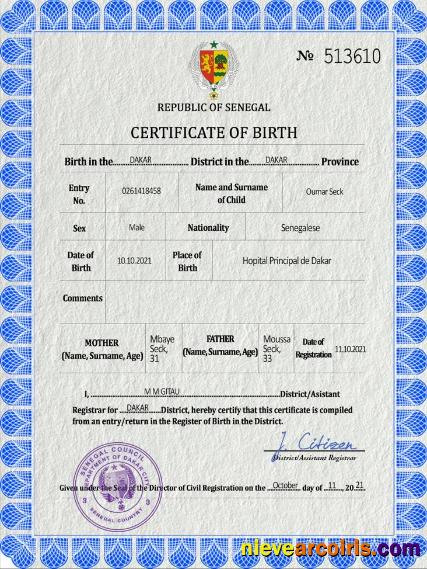 Editable Senegal Birth Certificate PSD Template