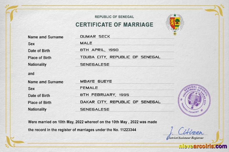 Professional Senegal Marriage Certificate PSD Template