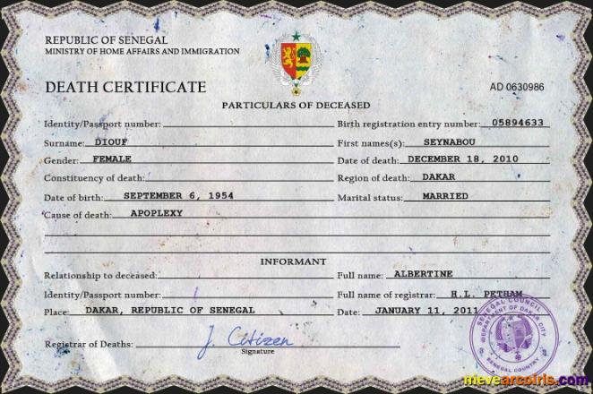 Premium Senegal Vital Record Death Certificate PSD Template