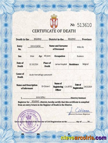 Realistic Serbia Death Certificate PSD Template