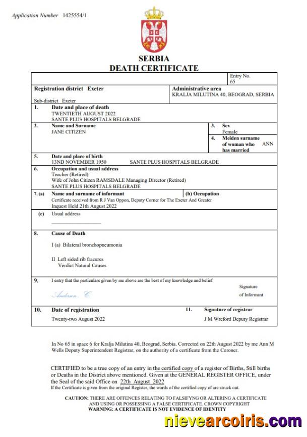 Editable Serbia Death Certificate Word And PDF Template