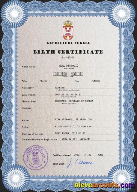Premium Serbia Vital Record Birth Certificate PSD Template