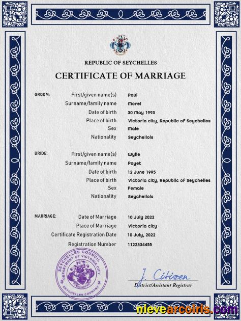 Realistic Seychelles Marriage Certificate PSD Template