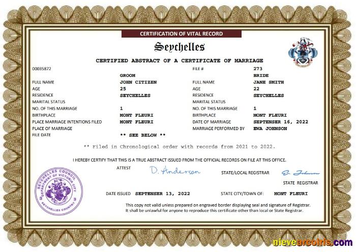 Premium Seychelles Marriage Certificate Word And PDF Template