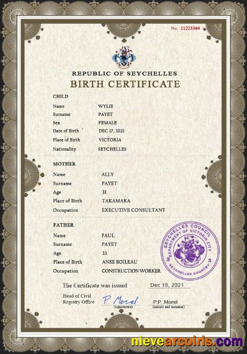 Editable Seychelles Vital Record Birth Certificate PSD Template