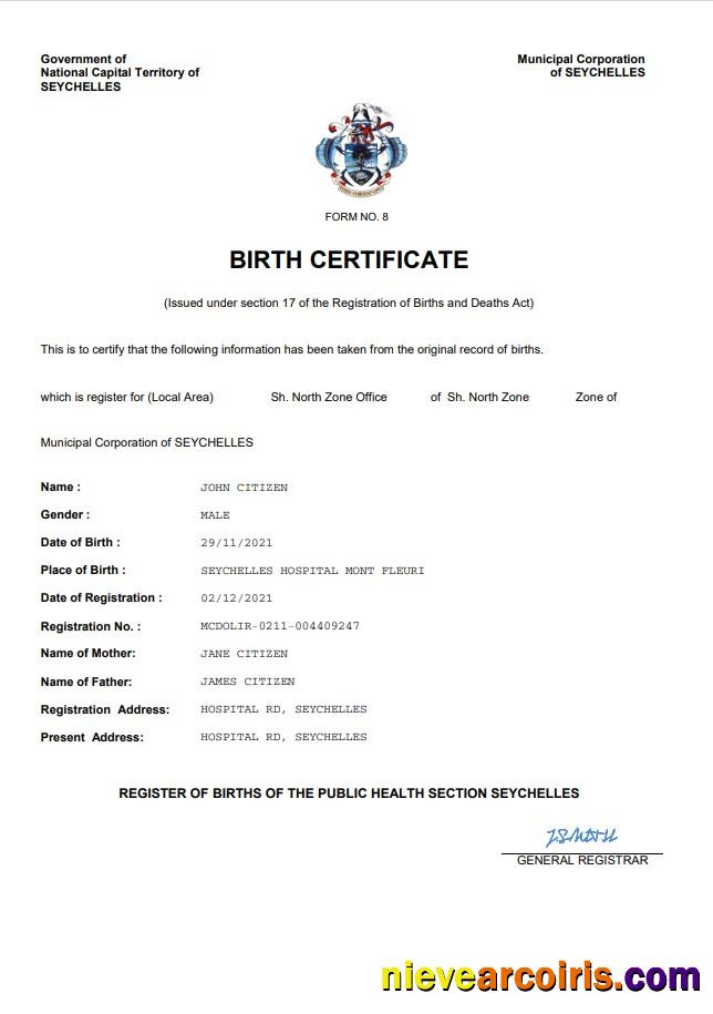 Realistic Seychelles Vital Record Birth Certificate Word And PDF Template