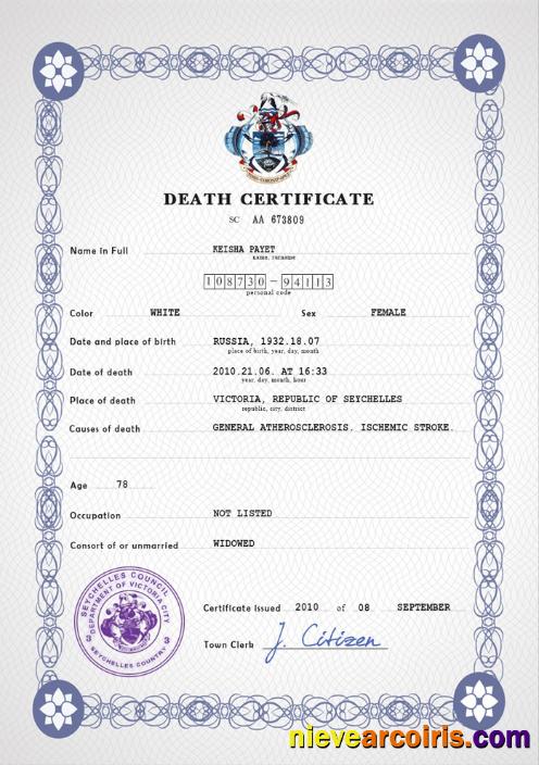 Editable Seychelles Vital Record Death Certificate PSD Template