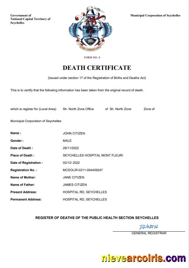 Realistic Seychelles Vital Record Death Certificate Word And PDF Template