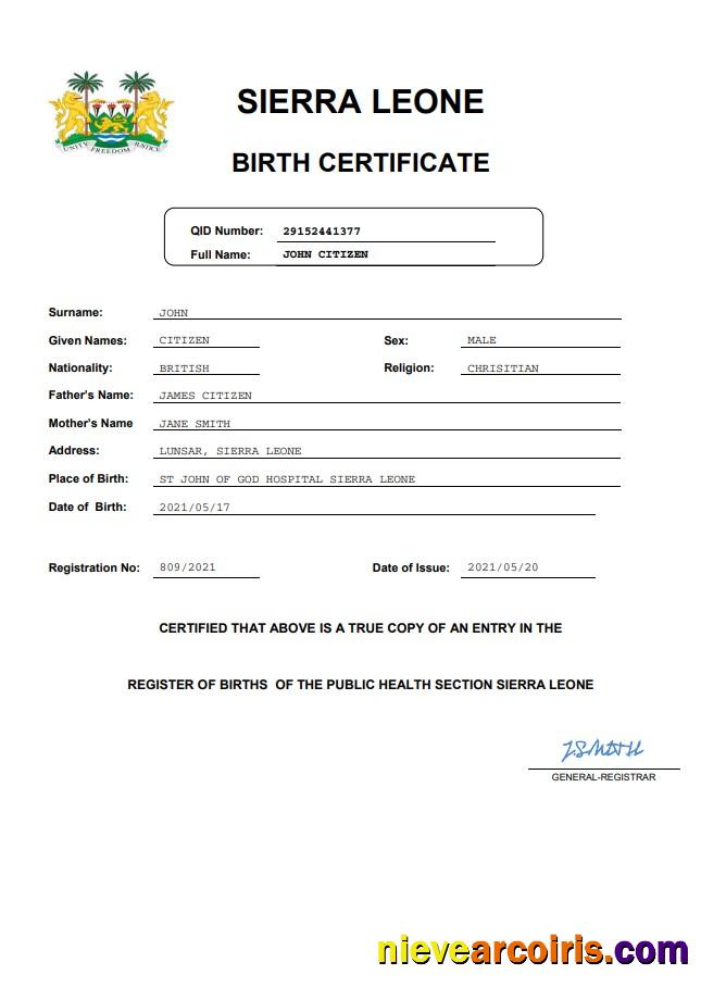 Professional Sierra Leone Birth Certificate Word And PDF Template