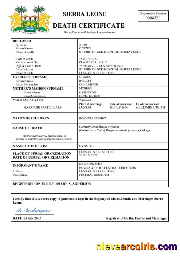 Realistic Sierra Leone Death Certificate Word And PDF Template
