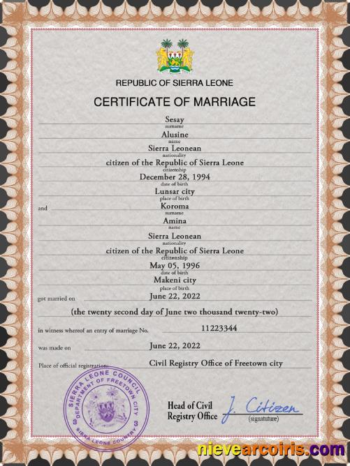 Professional Sierra Leone Marriage Certificate PSD Template