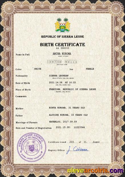 Professional Sierra Leone Vital Record Birth Certificate PSD Template