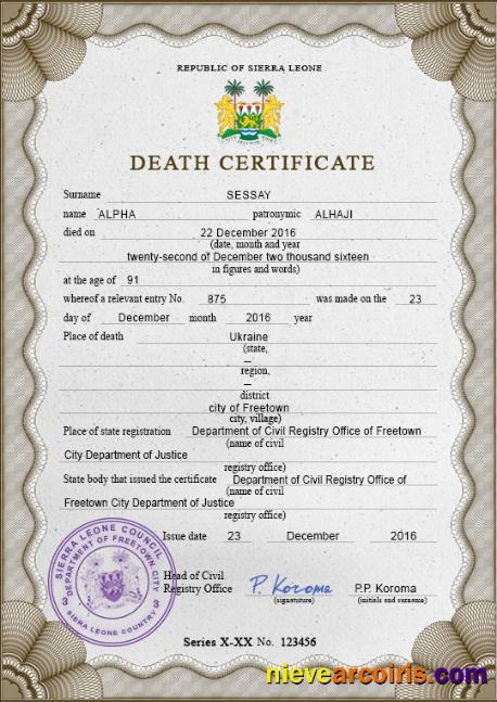 Professional Sierra Leone Vital Record Death Certificate PSD Template