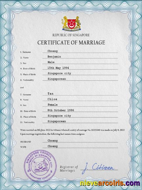 Professional Singapore Marriage Certificate PSD Template