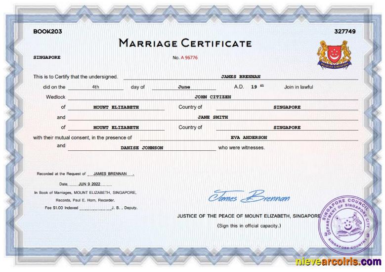 Premium Singapore Marriage Certificate Word And PDF Template