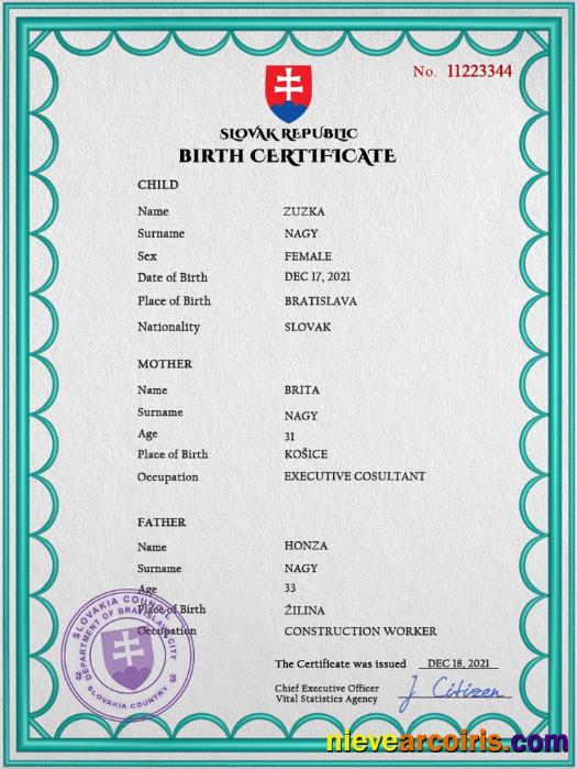 Realistic Slovakia Birth Certificate PSD Template