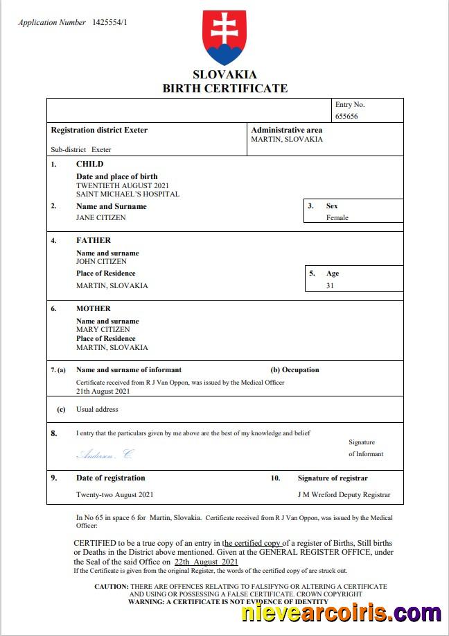 Professional Slovakia Birth Certificate Word And PDF Template