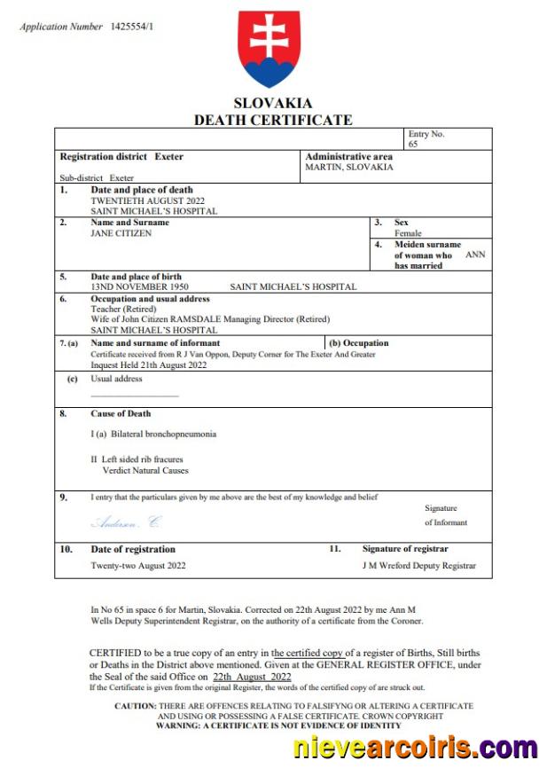 Premium Slovakia Death Certificate Word And PDF Template