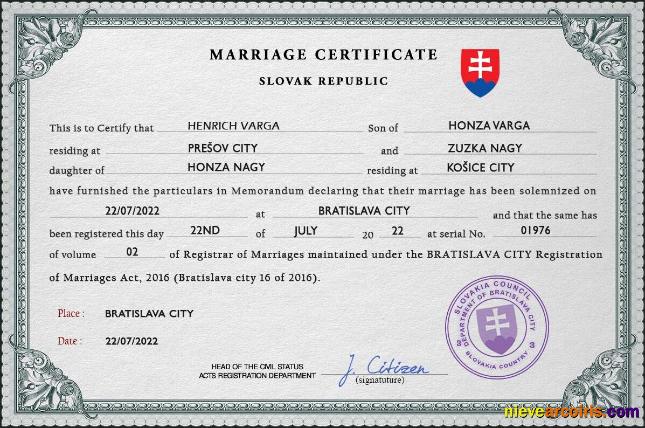 Professional Slovakia Marriage Certificate PSD Template