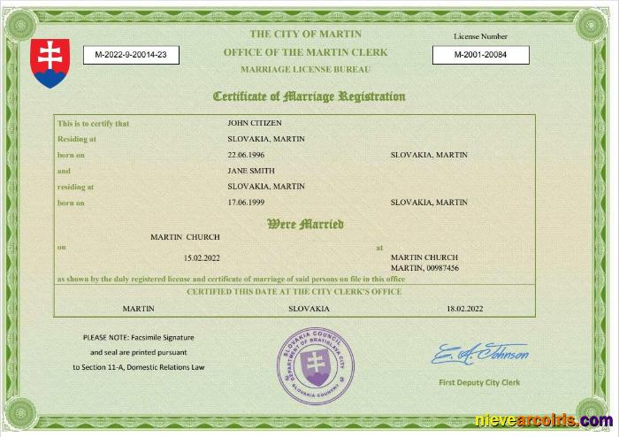Professional Slovakia Marriage Certificate Word And PDF Template