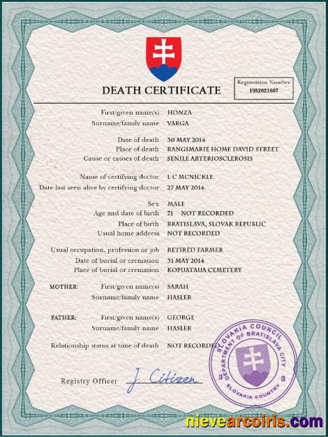 Premium Slovakia Vital Record Death Certificate PSD Template