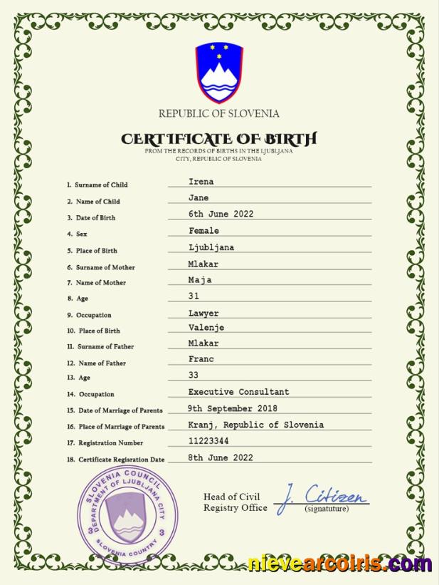 Premium Slovenia Birth Certificate PSD Template