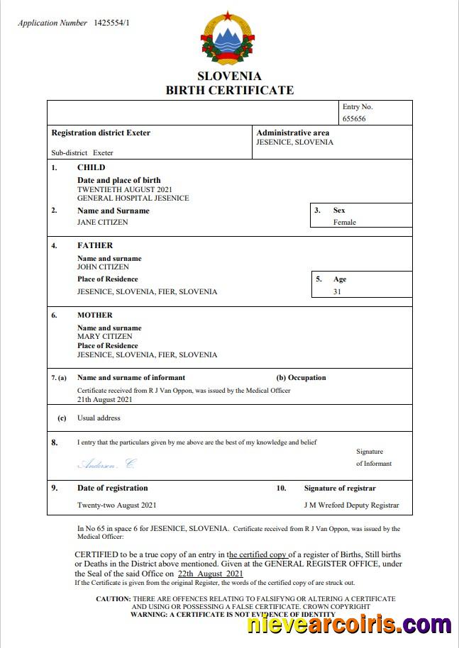 Realistic Slovenia Birth Certificate Word And PDF Template