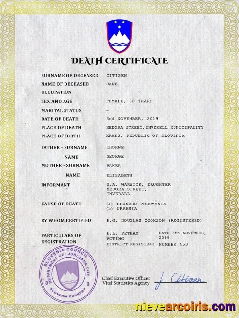 Professional Slovenia Death Certificate PSD Template