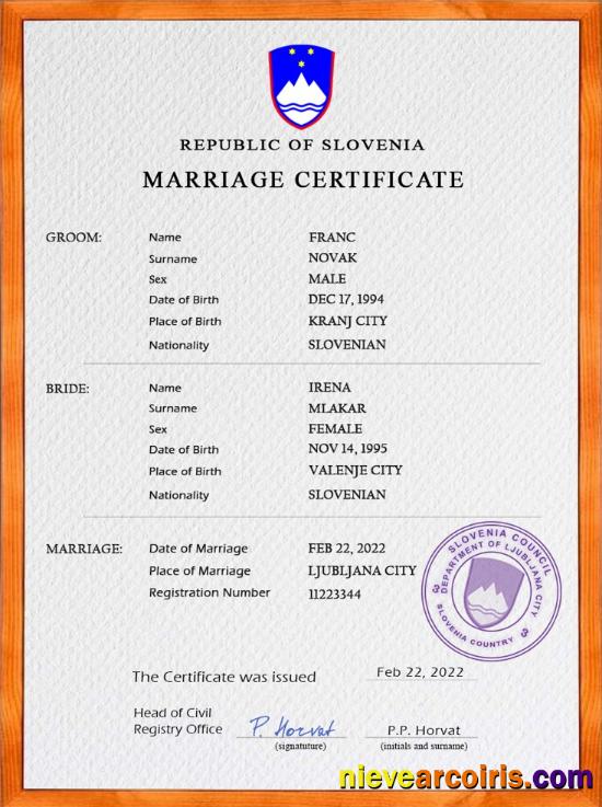 Premium Slovenia Marriage Certificate PSD Template