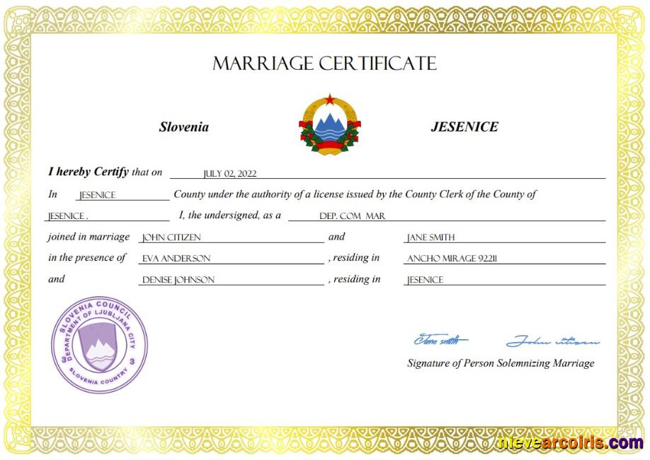 Editable Slovenia Marriage Certificate Word And PDF Template