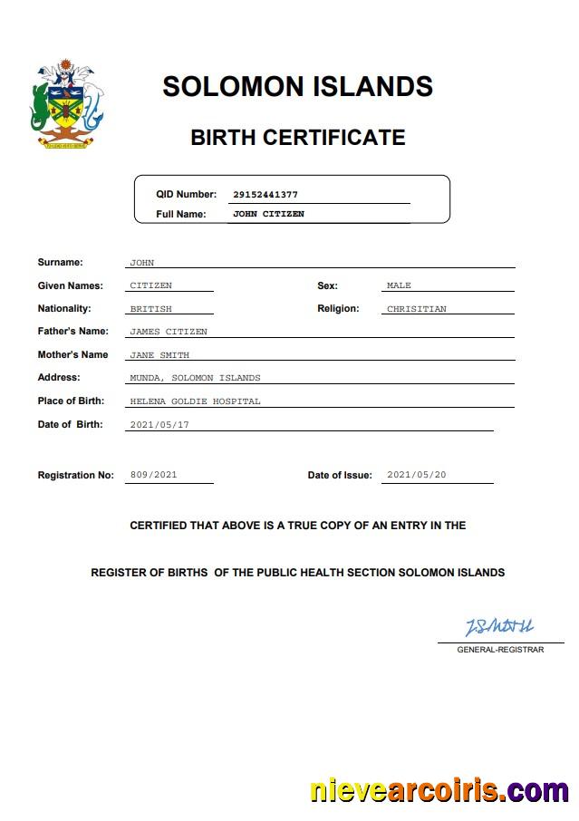 Professional Solomon Islands Vital Record Birth Certificate Word And PDF Template