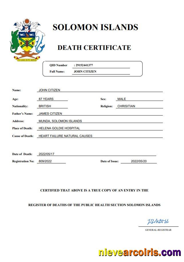 Professional Solomon Islands Vital Record Death Certificate Word And PDF Template