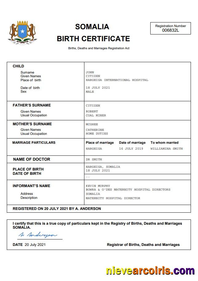 Premium Somalia Birth Certificate Word And PDF Template