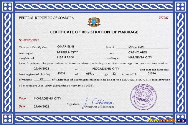 Professional Somalia Marriage Certificate PSD Template