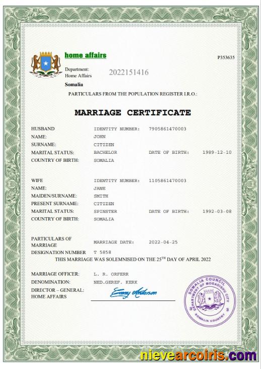 Realistic Somalia Marriage Certificate Word And PDF Template