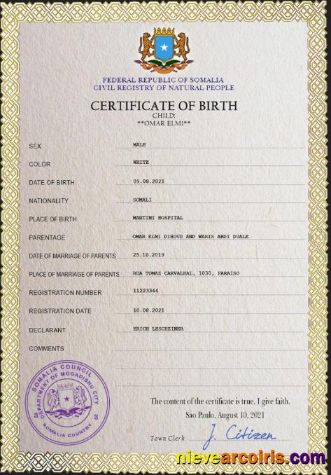 Premium Somalia Vital Record Birth Certificate PSD Template